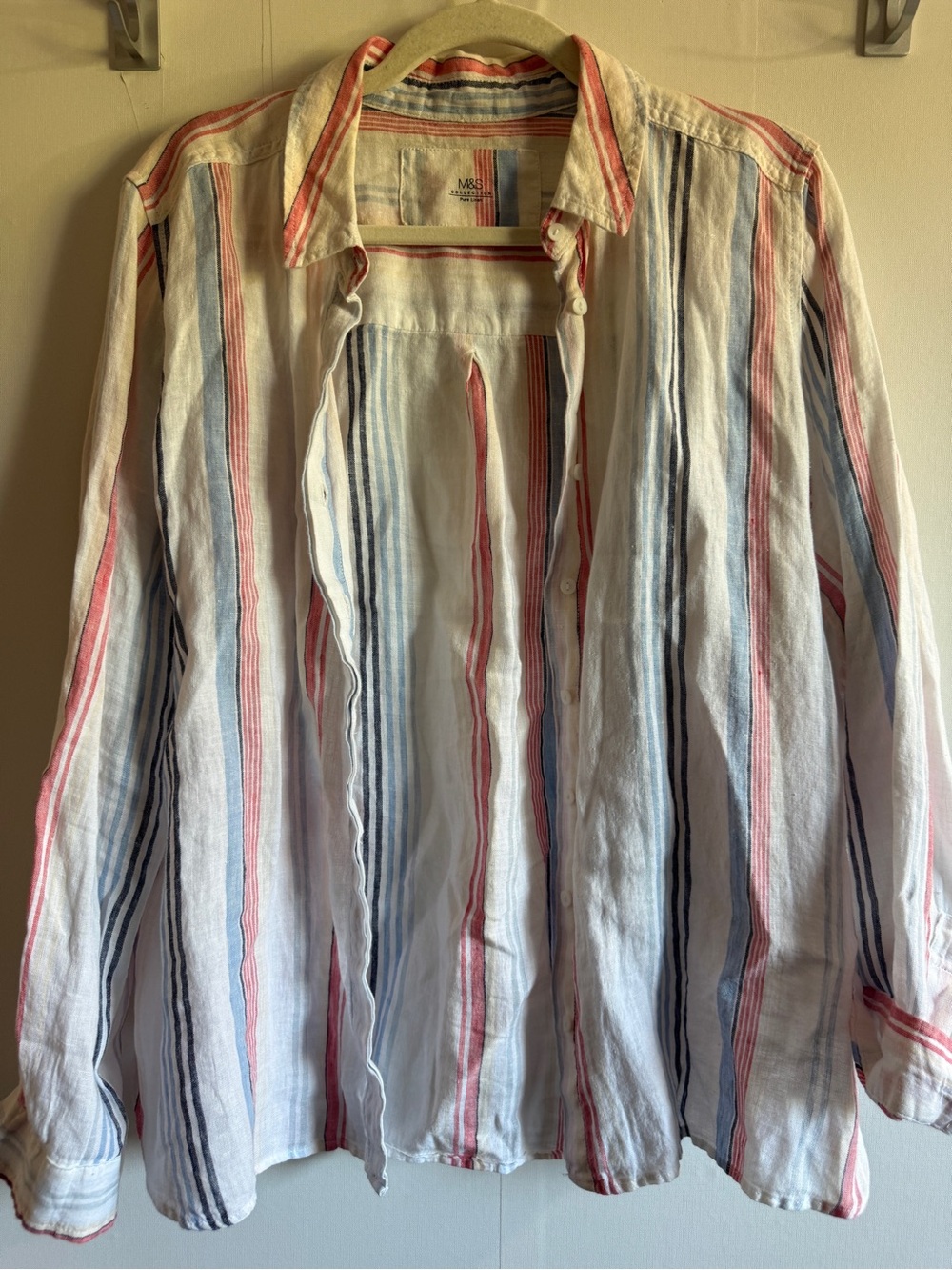 Marks & Spencer White Button-Down Shirt with Red & Blue Stripes